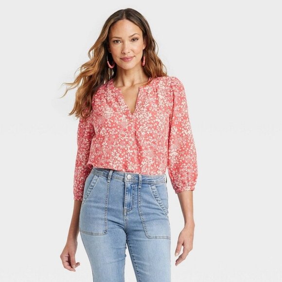 Knox Rose Tops - Knox Rose Women's 3/4 Sleeve V-Neck Blouse Red XS